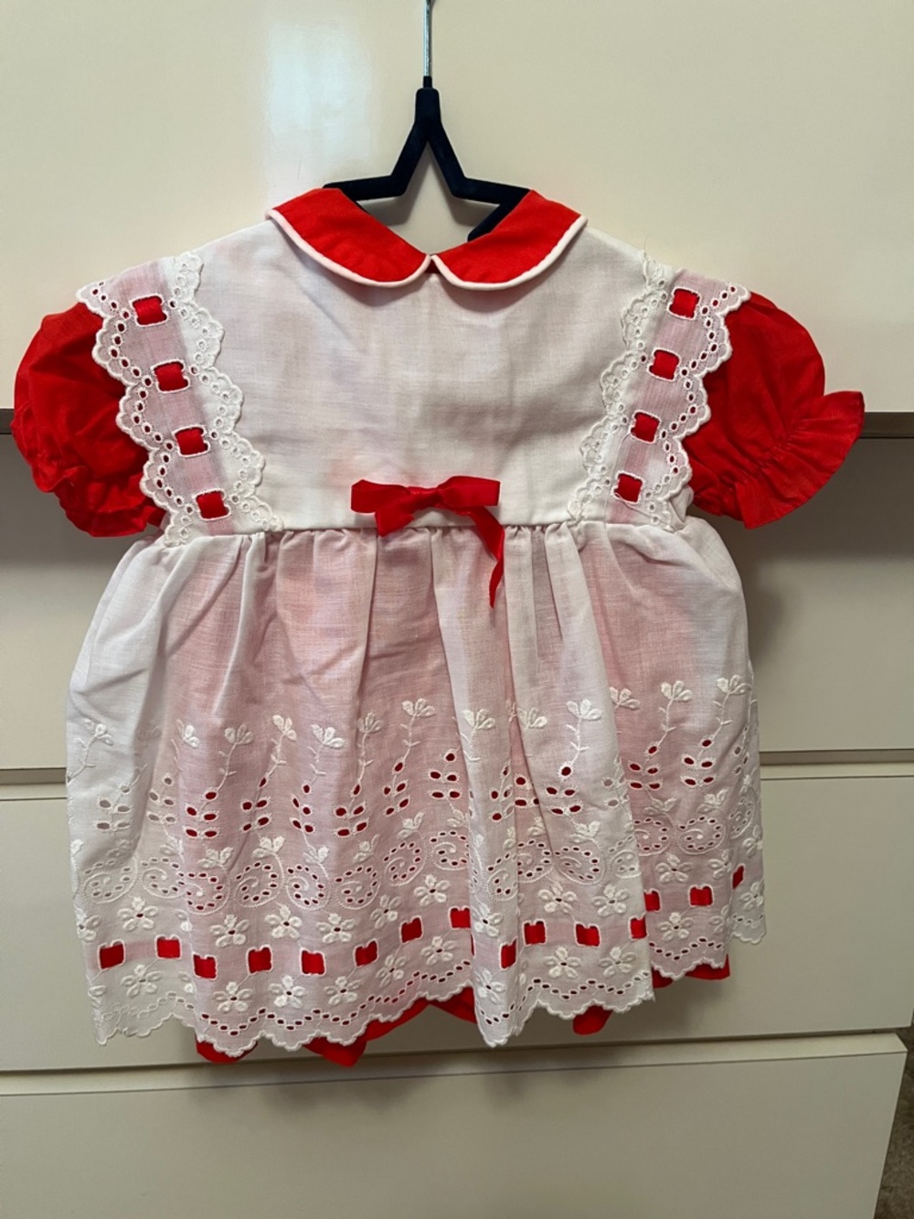 Vintage Red & White Eyelet Baby Dress with Bow